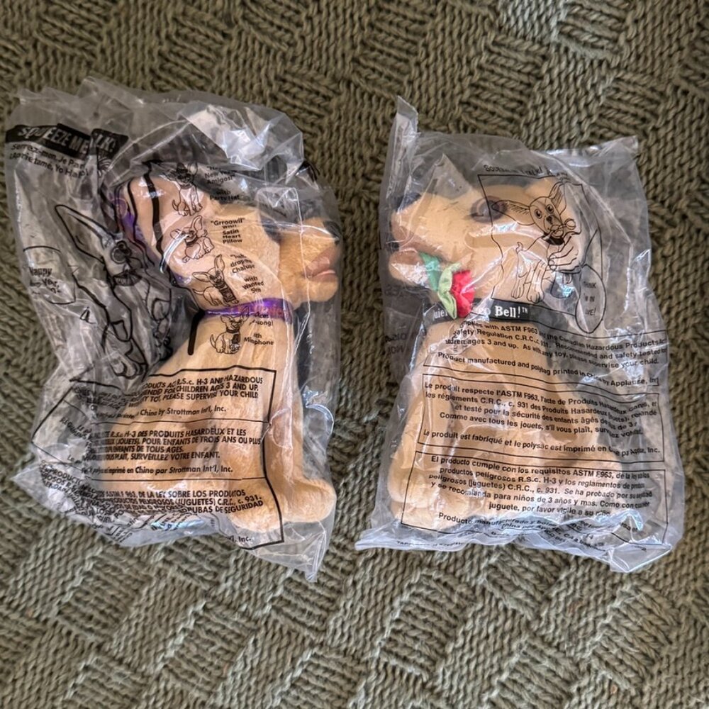 NIB - Taco Bell Talking Chihuahua Plush Lot – Original Version & Y2K Purple Hat